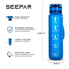 SEEPAR Water Bottle | Leak-Proof Drink Bottle with Time Markings - Removeable Filter, Lock Design and Push Button | BPA Free Tritan Plastic (Blue)