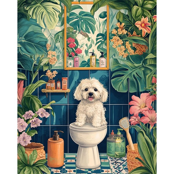 Puppy Standing On Toilet Paint by Numbers for Adults Beginners