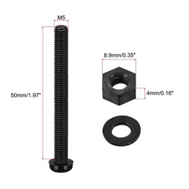 TOP-VIGOR 20Pcs M5x50mm Nylon Screw Nut Washer Assortment Kit, Round Head Machine Screw Bolt Nuts Flat Washers for Fixing Component, Industrial and Construction Fasteners, Black