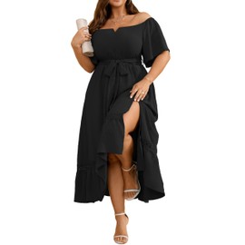 RWJ Black Dresses for Women, Women's V Neck Plus Size Cocktail Dress Formal Wedding Guest Off The Shoulder Dress Funeral Outfit 3X-Large