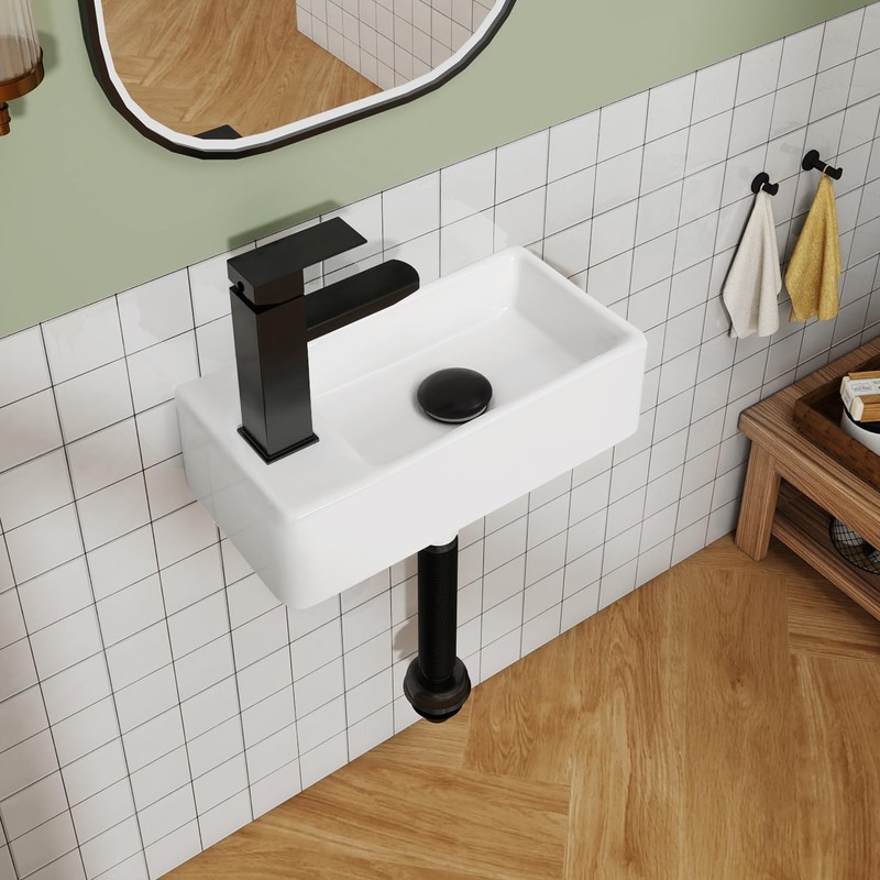 White Wall Mounted Ceramic Bathroom Sink, 7" x 14" Rectangle