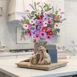 HUAESIN 6PCS Spring Faux Flowers Stems Fake Wildflowers Bouquet Artificial Daisy Lavender Flowers Picks Spring Flower Arrangements Silk Summer Floral for Home Indoor Table Vase Wedding Party Decor