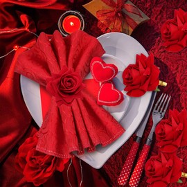 Servilleteros artificiales de rosas rojas para el día de San Valentín, 4 unidades, hebilla de rosa roja, decoración romántica de mesa de flores rojas para el día de San Valentín, cumpleaños, boda,