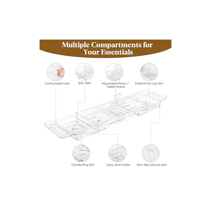 Expandable Clear Acrylic Bathtub Tray Caddy, Foldable Tub Bath Tray