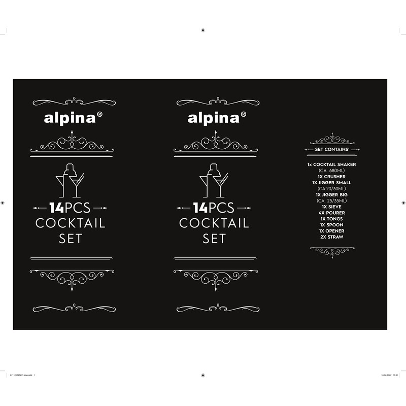 alpina Cocktail Set Complete – 14 Pieces – Cocktail Shaker/Stamper/Jigger/Etc