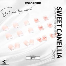 COLORBIRD Nail Tips, Short, 24 Pieces, Pink, Flowers, French Nails, French, Nail Tips, Short, Cute, Square Off (R532)