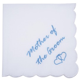 HATOFES Embroidered Wedding Handkerchief 60S Cotton White Hankies Embroidery Hanky for Bride Groom Wedding Day FUN Gift, Tissue, Napkin, Something Blue,12"x12" (Mother of the Groom)