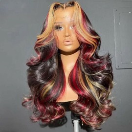 Missyvan Red Highlight 13X4 HD Synthetic Lace Front Wig Pre Plucked Body Wave 1B Blonde Skunk Stripe 180% Density Light Blonde Frontal Glueless Wig for Women Natural Hair Line 28Inch