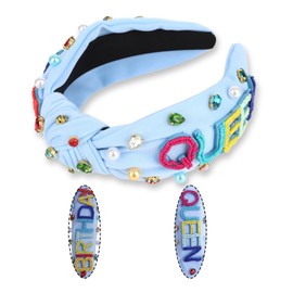 Oblihumoy Birthday Knotted Headband for Women Beaded Headband Rhinestone Crystal Top Knot Hair Band Crown Hair Accessories