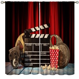 Yoakiet Movie Theater Blackout Curtains Rustic Vintage Cinema Film Reel Popcorn Print Home Decor Bedroom Living Room Game Room Rod Pocket Window Drapes42x45in