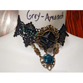 Green & Black Lace Rose Choker Necklace Teal Gothic Victorian Steampunk Collar