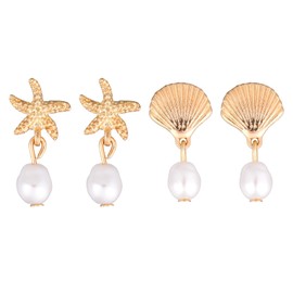 Mikovivi Starfish Earrings for Women, Gold Seashell Pearl Dangle Earrings Sea Beach Shell Jewelry Ocean-Themed Gift Fashionable Summer Vacation Essentials for Women