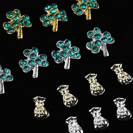 Jremg St.Patrick's Day Shamrock Nail Charms Alloy Gold Silver Green Clover Nail Art Charms with Crystal Rhinestones Design 3D Cute Money Bag Wallet Nail Rhinestones Nail Art Supplies for Women 16Pcs