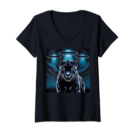 Womens Kid Black Panther Selfie with Alien UFOs Black Panther Party V-Neck T-Shirt