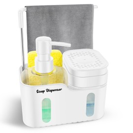 Dual Soap Dispenser Set for Kitchen Sink, 4-in-1 Hand & Dish Soap Dispenser with Sponge Holder, Brush Storage & Dishcloth Hanger, Removable & Non-Slip Design, White