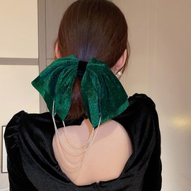 Jumwrit Big Hair Bow Clip Hair Barrette with Long Layered Rhinestone Tassel Strong Hold Hair Bowknot Solid Color Hair Bow Clip Fashion Hair Accessories for Women Girls (Green)