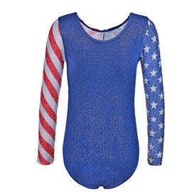 TFJH E 3 in 1 Girls Gymnastic Leotard with Shorts Sets Practice Outfits Long SleeveTumbling Wear USA Flag 12A