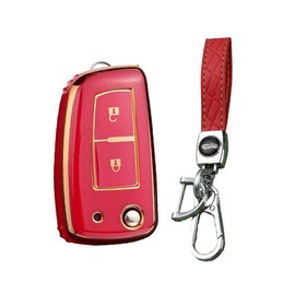 HIBEYO Smart Car Key Case Fits Nissan Protective Case Key Cover TPU for Nissan Qashqai J11 Micra Pulsar Rogue Keychain Key Fob Flip 2 Buttons (Red)