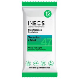 INEOS Skin Science Deo Wipes - 15 wipes - All Day + All Night Freshness + Protection - Geranium + Mint - On-the-go Freshness - With SkinActiv Cooling Tech™ - Plant Powered