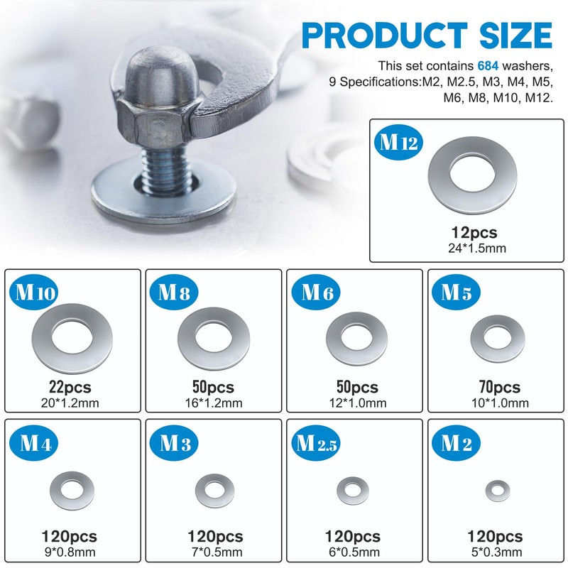 Stainless Steel Washers Assortment Set 9 Sizes - 684 Pieces,