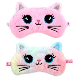 Sleep Mask for Children, Pack of 2, Soft Blindfold for Plush Sleeping Eye Cover, Cute Animal Sleeping Eye Protection for Girls, Boys, Travel, Nap Party Supplies (Pink, Multicoloured Cat Style)