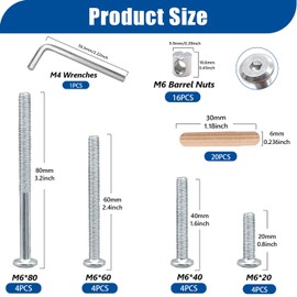 Taiss 16 Set Crib Screws M6x20mm/40mm/60mm/80mm Hex Socket Cap Screws Bolt,Barrel Nuts&Dowel Pins,Furniture Bolt,Baby Bed Crib Bolts Hardware Replacement Kit for Beds Furniture