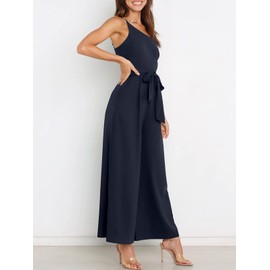 ANRABESS Women Summer Dressy Jumpsuits One Shoulder Sleeveless Casual Wide Leg Pants Romper Jumper 2025 Trendy Outfits Dark Blue Small