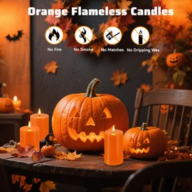 VEEKI Orange Flameless Candles, Set of 3 Flickering LED Candles with Remote & Timer, Dimmable Real Wax Pillar Candles Battery Operated, Electric Candles for Fall Thanksgiving Halloween Decor (Orange)