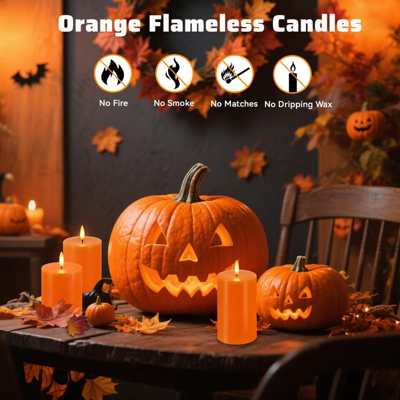 VEEKI Orange Flameless Candles, Set of 3 Flickering LED Candles