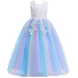 Weileenice Light Blue Lace Flower Girl Dress Long 6-7 Toddler Pageant Princess Wedding Birthday Party Maxi Dresses Rainbow Tulle Little Girls Formal Photo Shoot Bridesmaid Holiday Prom Ballgowns white