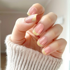 Winsyison 24pcs French Press on Nails, Yellow Tip Press on Nails, Short Square Acrylic Glue on Fake-Nails Reusable Manicure Supplies Kits for Women Wedding Prom Party Dating