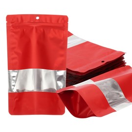 PATIKIL 7.87x11.81 in Stand Up Pouch Bags, 60 Pack Resealable Matte Metallic Aluminum Foil Bags Pouches with Clear Window and Zip for Food Storage Snack Packaging, Red