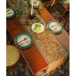 Beetozee 13×72 Inch Table Runner, Retro-Luxury Tassels Series for Kitchen Dining Table Holiday Decoration (Coffee Branch)