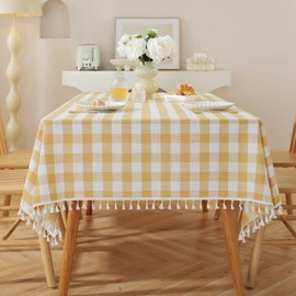 Cotton Linen Buffalo Plaid Tablecloth Rectangle CheckeYellow Table Cloth with Tassel Washable Gingham Table Cover for Dining Kitchen, Yellow, 55 x 70 Inch