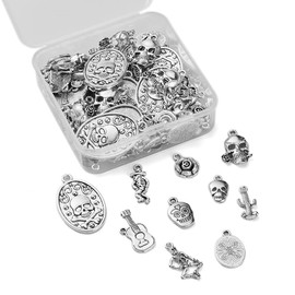 Ipotkitt 100Pcs 10 Style Mexican Day of The Dead Skull & Flower & Cactus Tibetan Style Alloy Charm Pendants for DIY Jewelry Making - 17~25x9~17mm