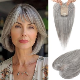 Flufymooz Real Human Hair Toppers for women, 10 Inch Clip in Bangs 100％ Human Hair Toppers for Thinning Hair, Cover Hair Topper Hair Pieces with 150% Density Silk Base-Light grey