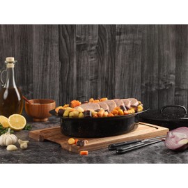 GOURMEX Small 7lb Black Oval Ceramic Enamel Coated Roasting Pan | Dutch Oven Pot with Lid | Dishwasher Safe, Oven Safe, Freezer Safe | Ideal for Chicken, Turkey Roasting Pan (Small)