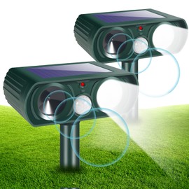 2 PCS Solar Animal Repellent Ultrasonic Deer Repeller Cat Deterrent Outdoor with Motion Sensor & Flashing Light Solar Ultrasonic Repeller Keep Squirrel Rabbit Raccoon Skunk Out of Yard Garden