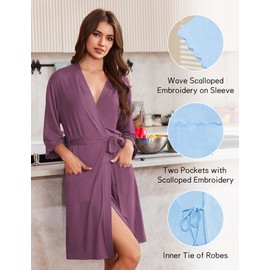Ekouaer Robes for Women Knee Length Kimono Bathrobe Lightweight 3/4 Sleeve Sleepwear soft Loungewear with Pockets, Purple Red, Small