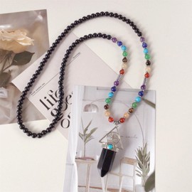 EDEN'S CALL Tree of Life 7 Chakra Stone Beads Necklace for Women and Men Hexagonal Crystal Point Pendant Necklace, Black Obsidian