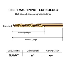 31/64 Cobalt Drill Bits - 3 Pack - 6 Inch Length - M35 Cobalt Drill Bits with Storage Case - Perfect Drill Bits for Metal, Hardened & Stainless Steel, Cast Iron, and More!