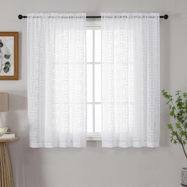OWENIE Sheer White Curtains 54 Inch Length 2 Panels Set, Soft Airy Geometric Clip Jacquard Textured Window Curtains Drapes for Living Room, Modern Rod Pocket Solid Bedroom Curtains, 42x54 Inches