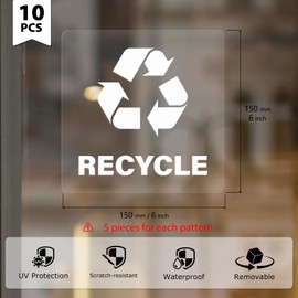 YIKIADA 10 Pack Recycle and Trash Square Stickers 6 × 6 Inches White Vinyl Trasparent Recycling Bin Decals Self Adhesive Waterproof UV Resistant Sign for Garbage Cans Home Business