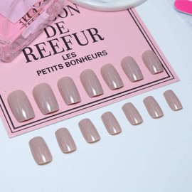Cimenexe Square Press on Nails Plain False Nails Pink Nude Artificial Nails Medium Fingernails Full Cover Acrylic Nails Shiny False Nails for Women and Girls Pack of 24