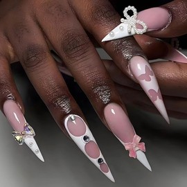 MISUD Press on Nails Long Stiletto Fake Nails Glossy Glue on Nails White French Tip Acrylic Nails Almond Artificial Nails Bow Pearl Rhinestone Stick on False Nails with Design 24 pcs