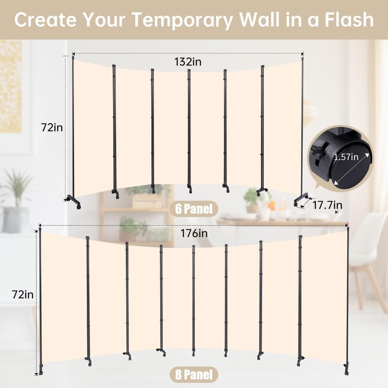 Room Divider 6 Panel Room Dividers/Wheels, Fabric Room Divider Panel