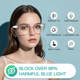 Smart Glasses for Women, Bluetooth Glasses with Open-Ear Speaker, Blue Light Filtering Lenses, Voice Assistant, Intelligent Touch, Light-Weight Audio Smart Eyewear for Working, Gaming, Reading