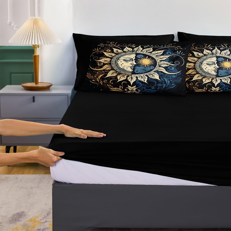 Sun and Moon Comforter Set Black Boho Bedding Set Celestial