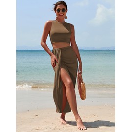 ZAFUL Women's Casual Sleeveless Summer Two Piece Outfits Crop Top and Side Split Draped Ruched Maxi Skirt Set Solid Suiting, B-brown, Large