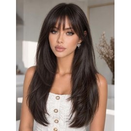 Wig with Bangs, Dark Brown 26 Inch Synthetic, 4x4 Realistic Scalp